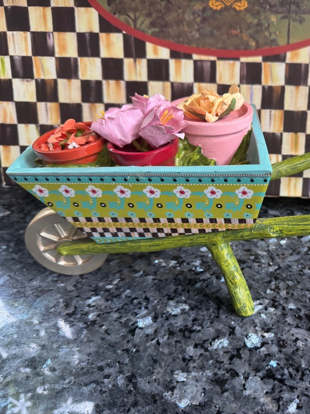 Very Rare Mackenzie Childs Flower  Baskets   Wheelbarrow Cart Resin B & W Check
